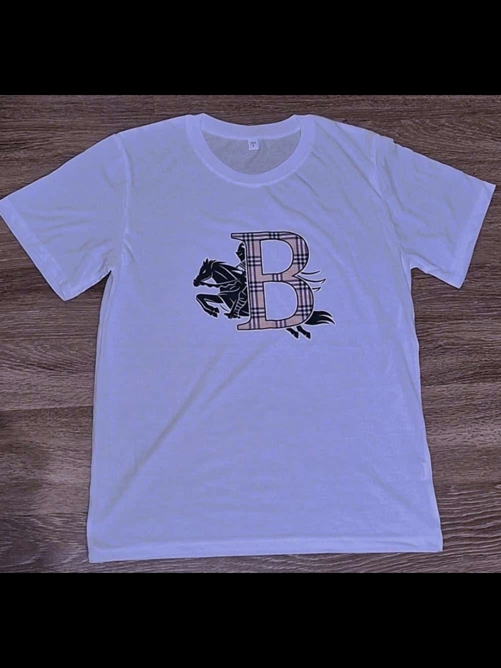 Men's White Graphic Tee with Plaid 'B' and Equestrian Motif